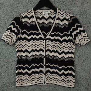 Ann Taylor LOFT Sweater Womens MP Black Beige Chevron Striped Button Up V Neck